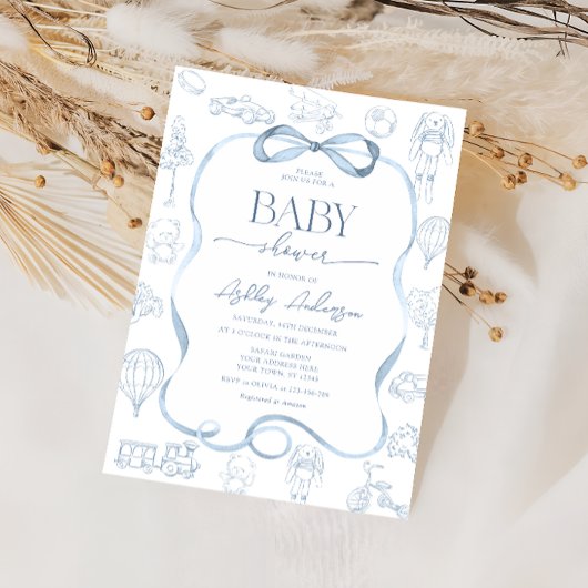 Toile De Jouy Babydusche mit Bow Boy Einladung