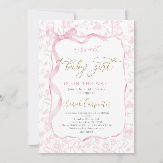 Toile De Jouy Babydusche mit Bow Girl Einladung (Vorderseite)