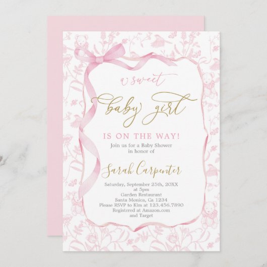 Toile De Jouy Babydusche mit Bow Girl Einladung (Vorne/Hinten)