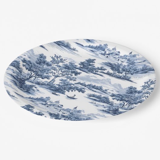 Toile de jouy, blaue China, Porzellan, blaue Weide Pappteller (Schrägansicht)