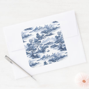 Toile de jouy, blaue China, Porzellan, blaue Weide Quadratischer Aufkleber
