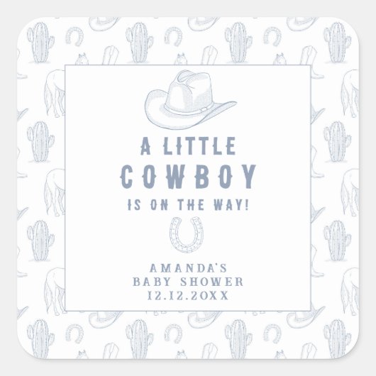 Toile de Jouy Blaues Cowboy Western Baby Shower Quadratischer Aufkleber (Vorderseite)