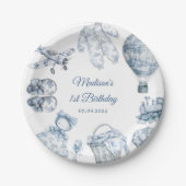 Toile De Jouy Blaues Geburtstagsfest Pappteller (Vorderseite)