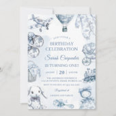 Toile De Jouy Blue Birthday Party Einladung (Vorderseite)