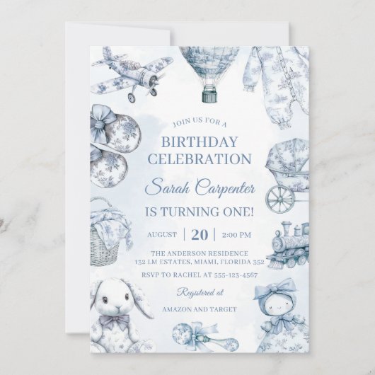 Toile De Jouy Blue Birthday Party Einladung (Vorderseite)