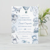 Toile De Jouy Blue Birthday Party Einladung (Stehend Vorderseite)