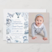 Toile De Jouy Blue Birthday Party Foto Einladung (Vorderseite)