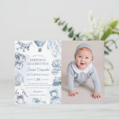 Toile De Jouy Blue Birthday Party Foto Einladung (Stehend Vorderseite)