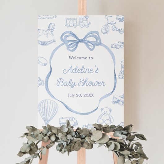 Toile de Jouy Blue Bow Baby Dusche Begrüßungszeich Poster