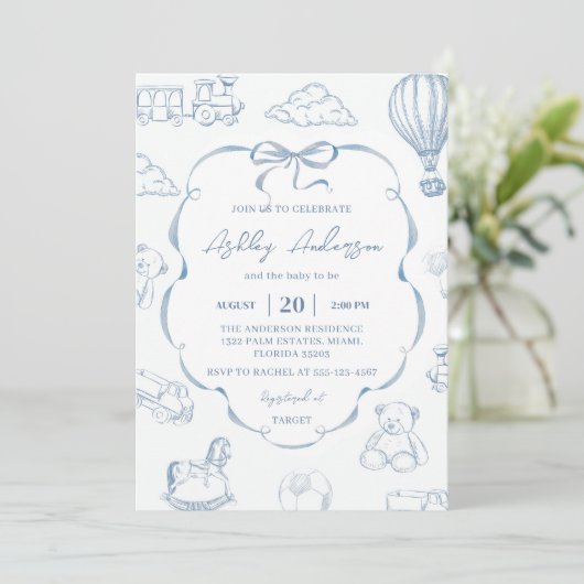 Toile De Jouy Blue Bow Baby Shower Party Einladung (Stehend Vorderseite)