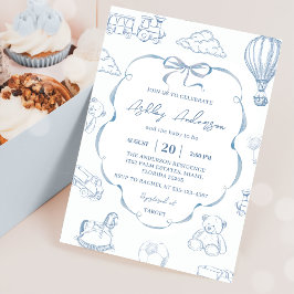 Toile De Jouy Blue Bow Baby Shower Party Einladung