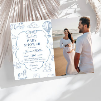 Toile De Jouy Blue Bow Baby Shower Party Photo  Einladung