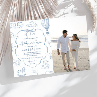 Toile De Jouy Blue Bow Baby Shower Party Photo Einladung