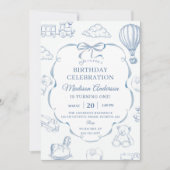Toile De Jouy Blue Bow Birthday Party  Einladung (Vorderseite)