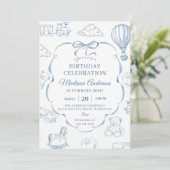 Toile De Jouy Blue Bow Birthday Party  Einladung (Stehend Vorderseite)