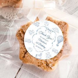 Toile De Jouy Blue Bow Birthday Party Runder Aufkleber