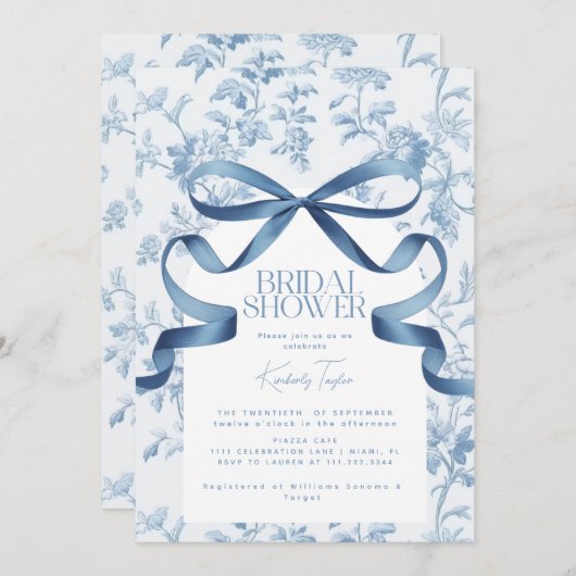 Toile De Jouy Blue Bow Bridal Dusche Einladung (Vorne/Hinten)