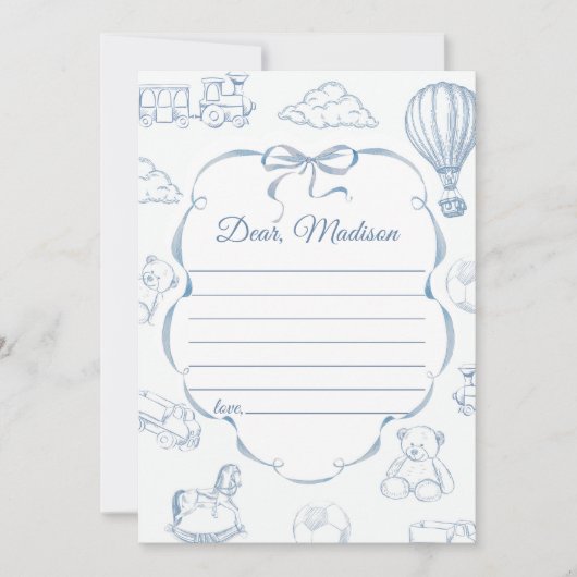 Toile De Jouy Blue Bow Capsule Note Message Card Einladung (Vorderseite)