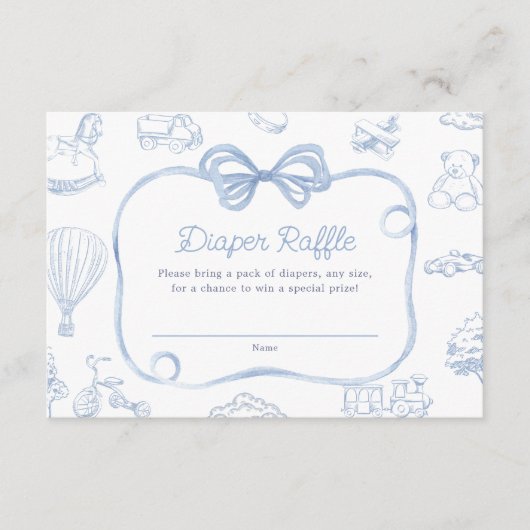 Toile de Jouy Blue Bow Chinoiserie Diaper Raffle Begleitkarte (Vorderseite)