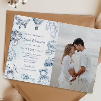 Toile De Jouy Blue Boy Baby Shower Party Photo Einladung