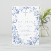 Toile De Jouy Blue  Boy Baptism Einladung (Stehend Vorderseite)