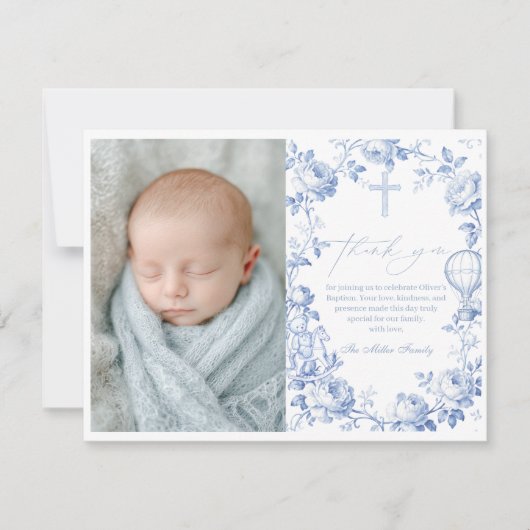 Toile De Jouy Blue Boy Baptism Thank You Card Dankeskarte (Vorderseite)