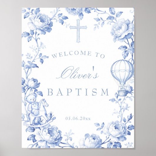 Toile De Jouy Blue Boy Baptism Welcome Poster (Vorne)