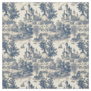 Toile de Jouy Blue Castle über das Elfenbeinalter Stoff