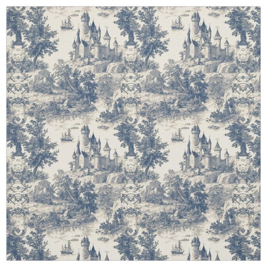 Toile de Jouy Blue Castle über das Elfenbeinalter Stoff (Muster)