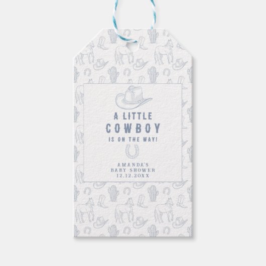 Toile de Jouy Blue Cowboy Western Babydusche Geschenkanhänger (Vorderseite)