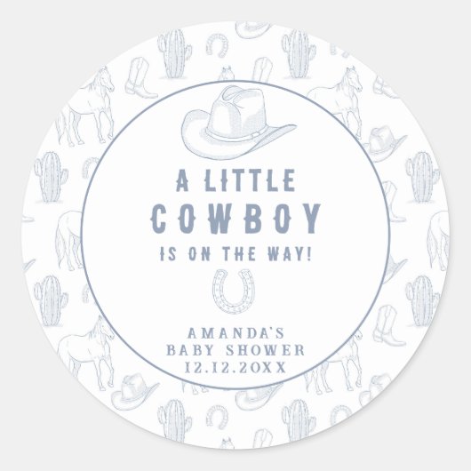 Toile de Jouy Blue Cowboy Western Babydusche Runder Aufkleber (Vorderseite)