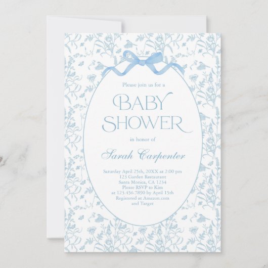 Toile De Jouy Bow Baby Shower Boy Einladung (Vorderseite)