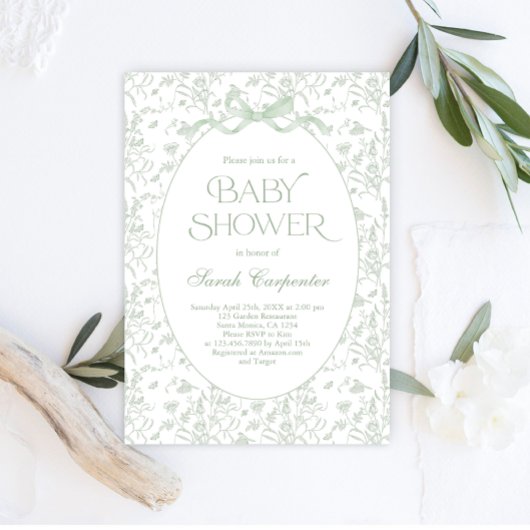 Toile De Jouy Bow Baby Shower Einladung
