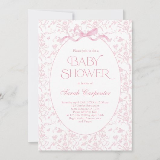 Toile De Jouy Bow Baby Shower Einladung (Vorderseite)