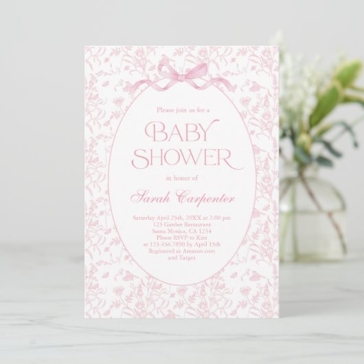 Toile De Jouy Bow Baby Shower Einladung (Stehend Vorderseite)