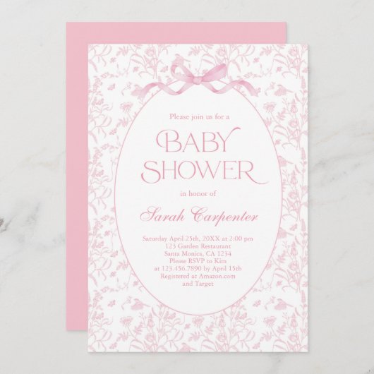 Toile De Jouy Bow Baby Shower Einladung (Vorne/Hinten)
