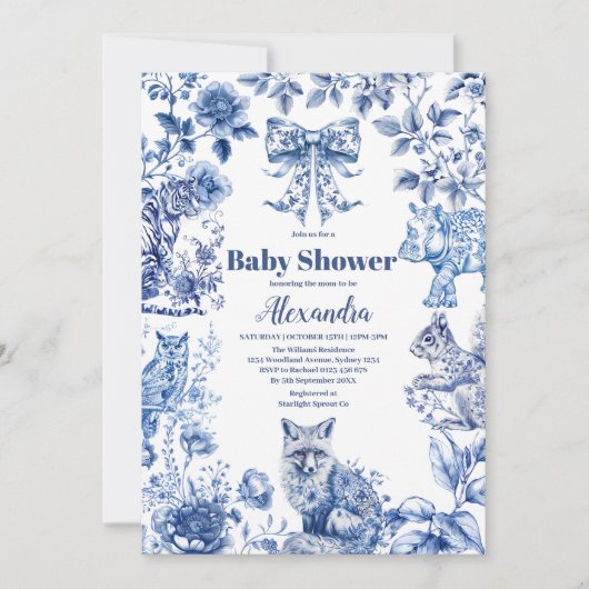Toile De Jouy Bow Babydusche Einladung (Vorderseite)