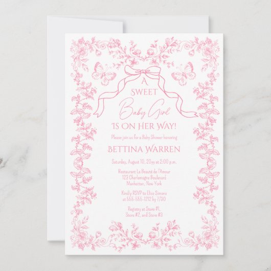 Toile de Jouy Chinoiserie Butterflies Babydusche Einladung (Vorderseite)