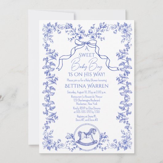 Toile de Jouy Chinoiserie Horse Boy Babydusche Einladung (Vorderseite)