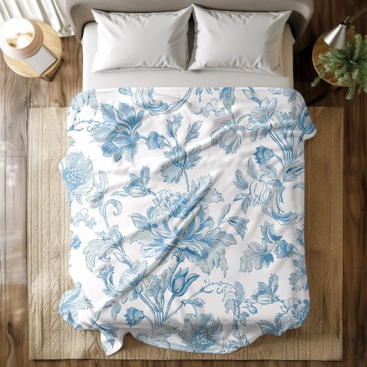 Toile-de-jouy Chinoiseries Blue Floral Pattern Fleecedecke