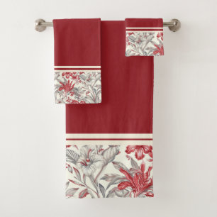 Toile de Jouy Deep Red und Gray Floral Lilies Badhandtuch Set