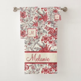 Toile de Jouy Deep Red und Gray Floral Lilies Badhandtuch Set