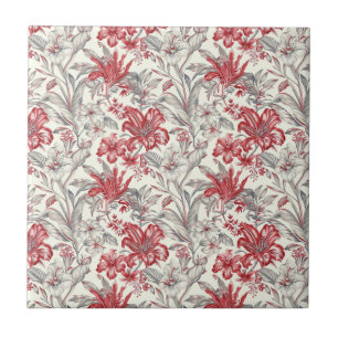 Toile de Jouy Deep Red und subtile Grau Floral Fliese