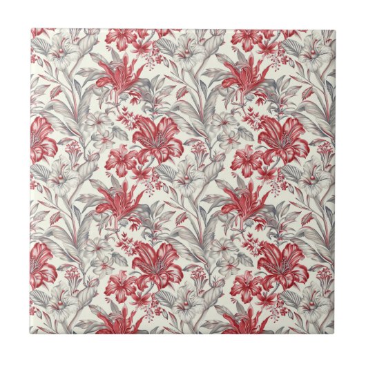 Toile de Jouy Deep Red und subtile Grau Floral Fliese (Vorderseite)