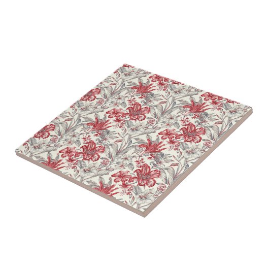 Toile de Jouy Deep Red und subtile Grau Floral Fliese (Seite)