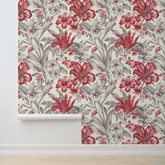 Toile de Jouy Deep Red und subtile Grau Floral Tapete (Anwendung)