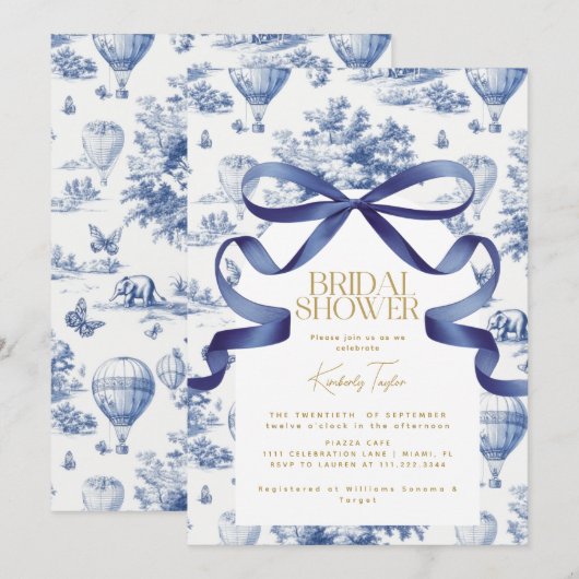 Toile De Jouy Dusty Blue Bow Brautparty Einladung (Vorne/Hinten)