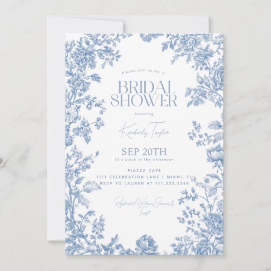 Toile De Jouy Dusty Blue Floral Brautparty Einladung (Vorderseite)