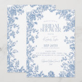 Toile De Jouy Dusty Blue Floral Brautparty Einladung (Vorne/Hinten)