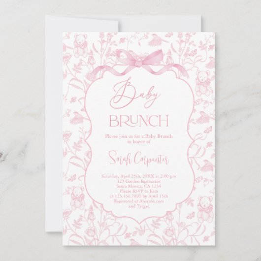 Toile De Jouy Girl Babydusche Brunch mit Bow Einladung (Vorderseite)